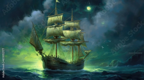 On a full moon, I paint while cruising the Flying Dutchman, a spectral pirate ship.
