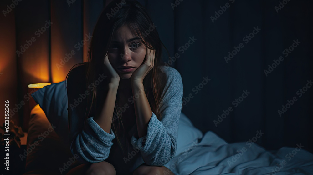 Depressed woman sitting head in hands on the bed in the dark bedroom, lonely and unhappy concept. Generative Ai