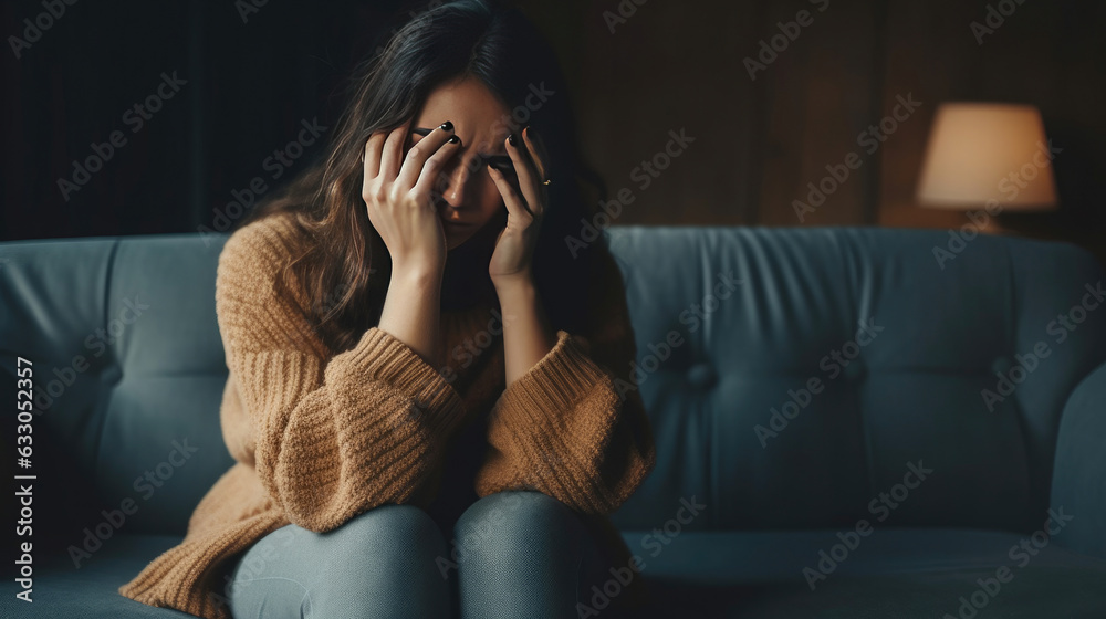 Sad unhappy woman sitting on the sofa and holding his forehead while having headache. Lonely and unhappy concept. Generative Ai Sad unhappy woman sitting on the sofa and holding his forehead while having headache. Lonely and unhappy concept. Generative Ai