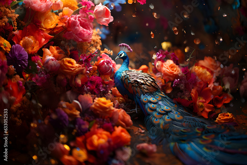 Majestic peacock in the flowers - AI Technology © RafaelBegue