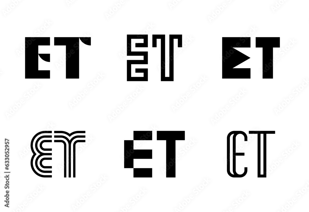 Set of letter ET logos. Abstract logos collection with letters. Geometrical abstract logos Set of letter ET logos. Abstract logos collection with letters. Geometrical abstract logos