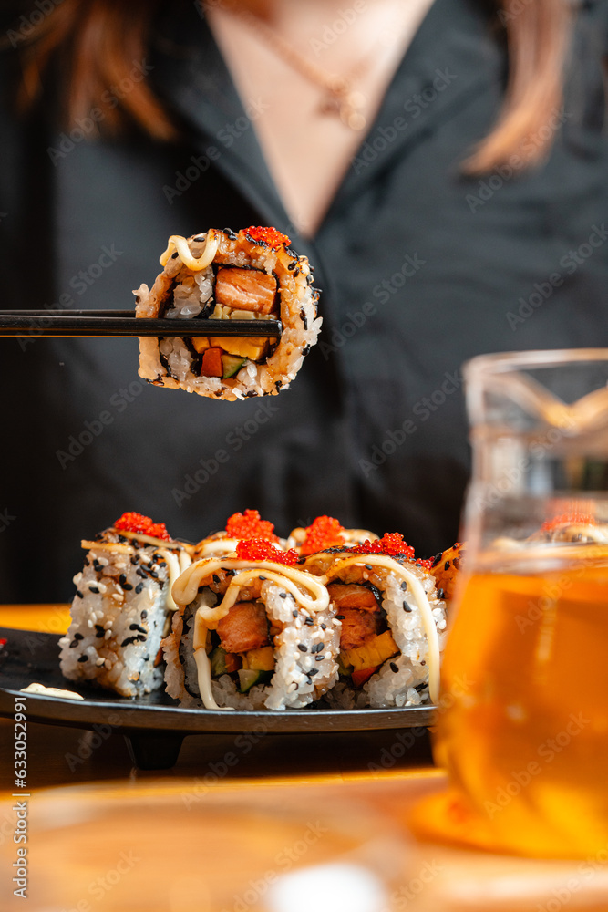 sushi is a Japanese dish of prepared vinegared rice, usually with some sugar and salt, accompanied by a variety of ingredients such as seafood, often raw and vegetables. sushi is a Japanese dish of prepared vinegared rice, usually with some sugar and salt, accompanied by a variety of ingredients such as seafood, often raw and vegetables.