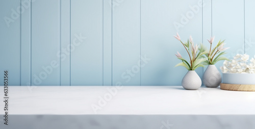 minimalistic interior with marble countertop and vases with flowers on a blue background. Generative Ai. © PETR BABKIN