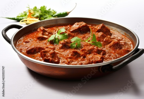 Rogan Josh in a pan, Indian food, on a white background