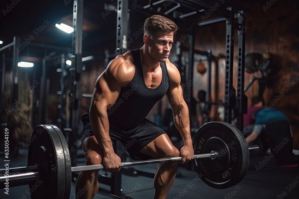 Man lifting weights in gym - Young male athlete bodybuilder posing and doing sports exercises in the gym Man lifting weights in gym - Young male athlete bodybuilder posing and doing sports exercises in the gym