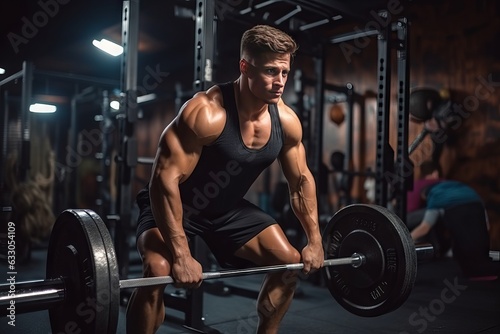 Man lifting weights in gym - Young male athlete bodybuilder posing and doing sports exercises in the gym