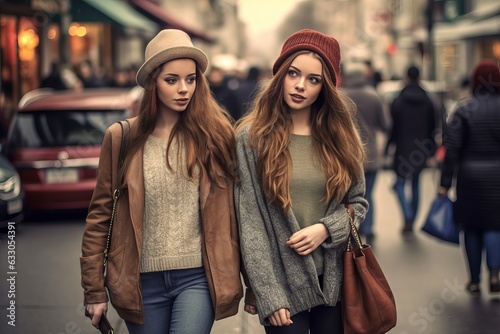 Two women walking in the city - Young trendy women shopping in the city