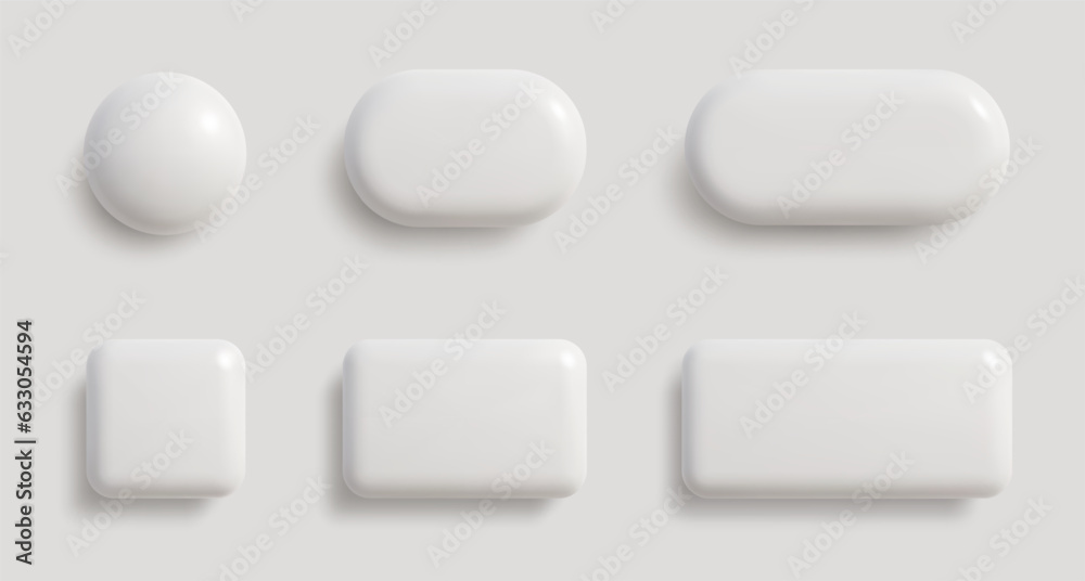 White monochrome 3D button set in different shapes. Blank glossy round, square and rectangle badges. Vector illustration - obrazy, fototapety, plakaty 