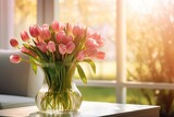 A vibrant and lovely bunch of pink tulips arranged in a green glass vase sits on a table, bathed in the warm glow of the setting sun shining through the balcony window. This charming floral decoration