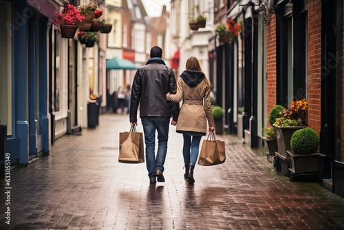 A couple walking along a narrow city street with shopping bags © Ameer
