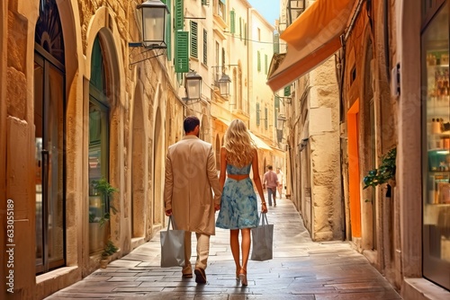 Fototapeta Naklejka Na Ścianę i Meble -  Man and woman walking in the street - A couple walking along a narrow city street with shopping bags