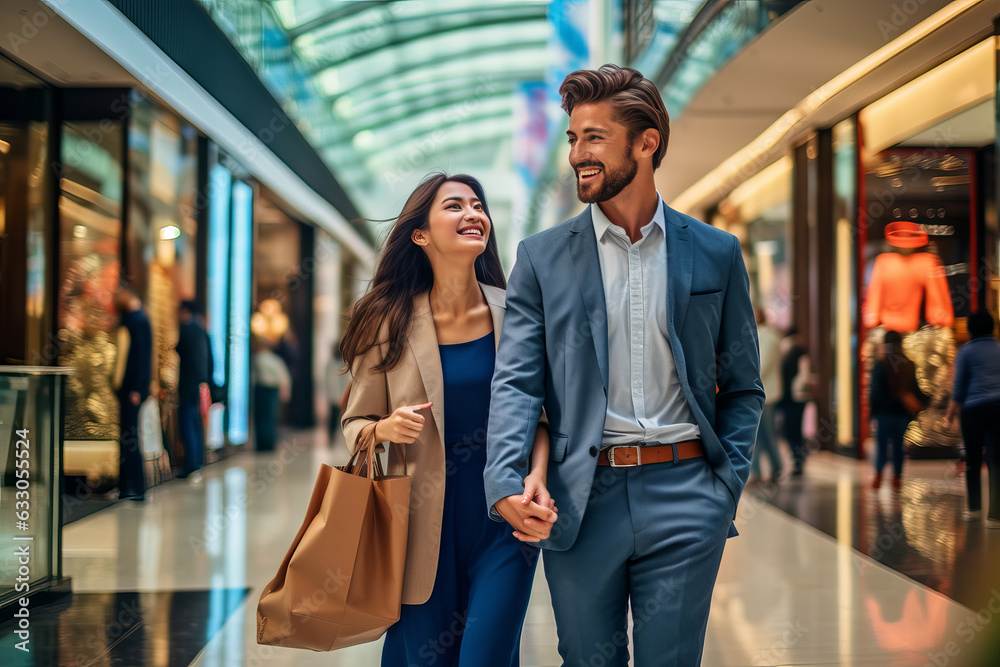 Vibrant shopping bliss: Young couple's joyful mall adventure with colorful bags and radiant smiles - couple shopping in mall