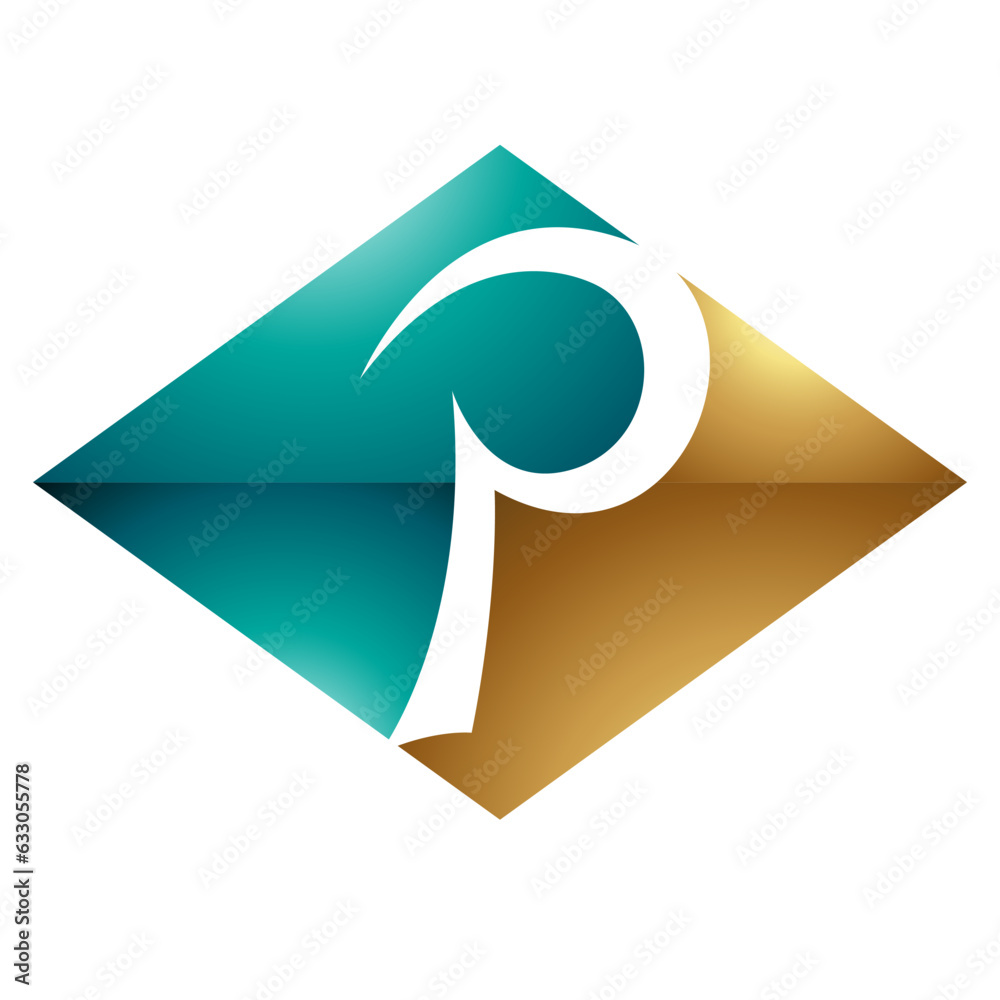 Persian Green and Gold Glossy Horizontal Diamond Letter P Icon Persian Green and Gold Glossy Horizontal Diamond Letter P Icon