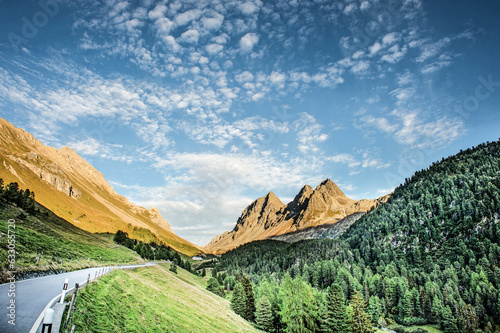 Forest and mountains at Albula Pass in Graubunden, Switzerland