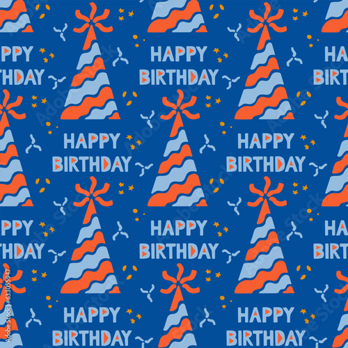 Flat minimalistic birthday cone seamless pattern. Vector celebrating pattern on blue background with confetti , stars and splashes. Ideal for home decoration, textile, wrapping, scrapbooking