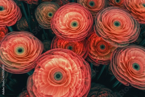 Views of pink ranunculus blossoms at close range