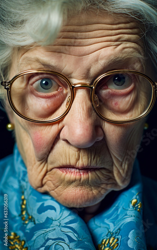 Extreme close-up of an elderly lady with a stern look
