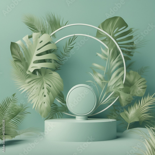 Circle decoration on white podium with tropical leaves decoration around cyan background templates full realistic with green leaves. Created with Generative AI technology