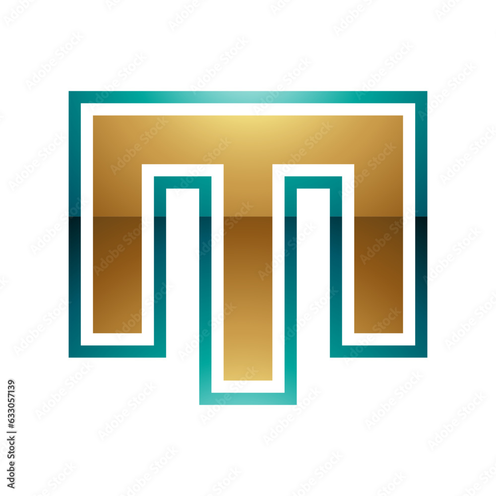 Persian Green and Golden Glossy Letter M Icon with an Outer Stripe Persian Green and Golden Glossy Letter M Icon with an Outer Stripe