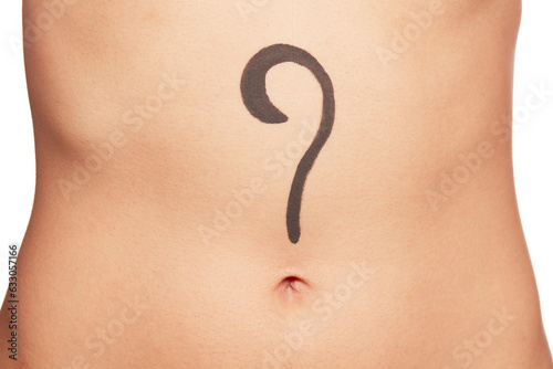 Question mark on young woman's abdomen photo
