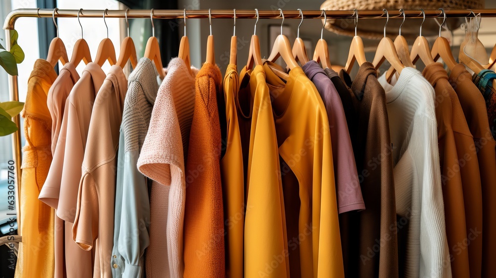 A Multicolored Abundance of Fashion Variation Hanging on Clothing Racks in a Spacious Retail Store A Multicolored Abundance of Fashion Variation Hanging on Clothing Racks in a Spacious Retail Store