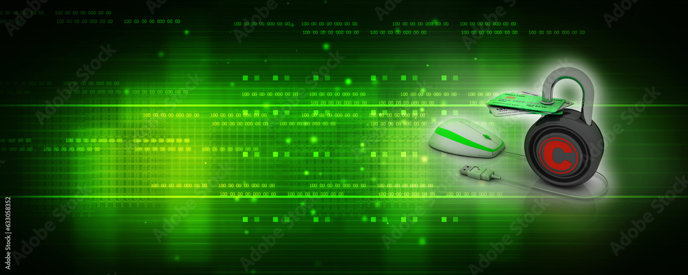 Obraz premium 3d rendering credit or debit card with copyright lock connected mouse 
