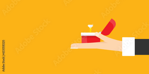 vector Marriage proposal horizontal banner. Man hand holding open box with a golden wedding ring and diamond isolated on orange horizontal background