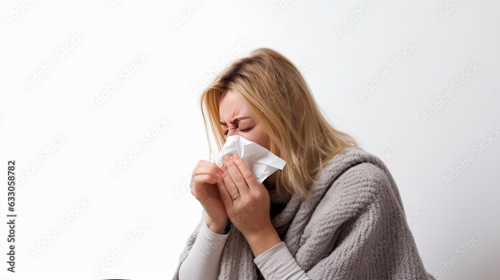 Beautiful blonde white woman sick blowing his nose and coughing. ill with a cold, Allergy, flu Isolated on white background, The concept of medicine, and seasonal colds.Generative AI Beautiful blonde white woman sick blowing his nose and coughing. ill with a cold, Allergy, flu Isolated on white background, The concept of medicine, and seasonal colds.Generative AI