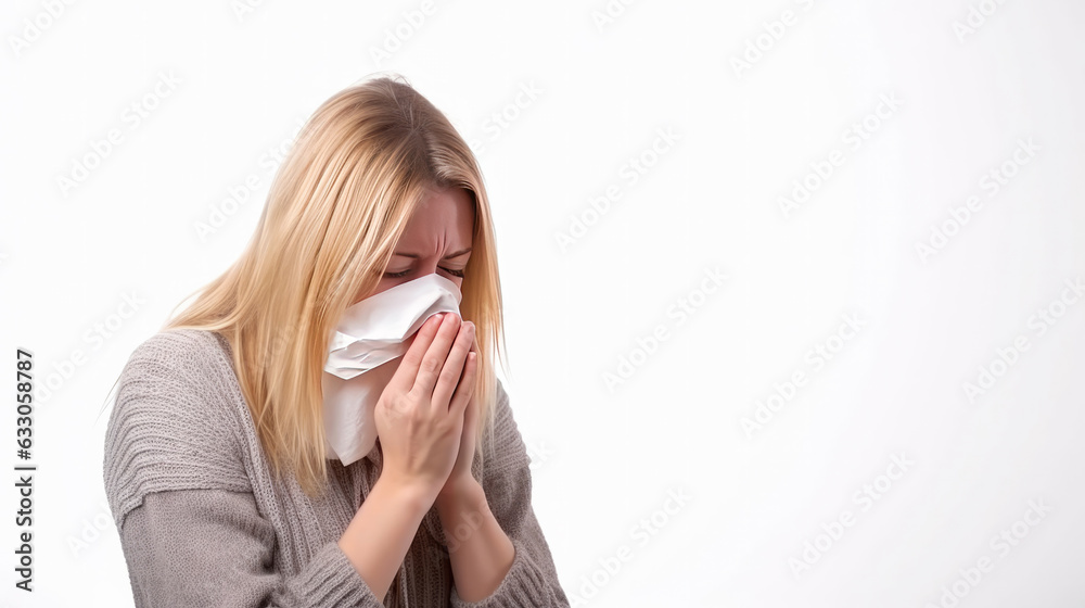 Beautiful blonde white woman sick blowing his nose and coughing. ill with a cold, Allergy, flu Isolated on white background, The concept of medicine, and seasonal colds.Generative AI Beautiful blonde white woman sick blowing his nose and coughing. ill with a cold, Allergy, flu Isolated on white background, The concept of medicine, and seasonal colds.Generative AI
