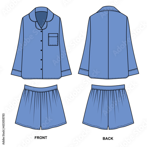 Vector set of pajama patterns from a shirt and shorts in blue. Sketch of a button-down shirt with a pocket and a front and back view. Sketch of short shorts with pockets, front and back view.