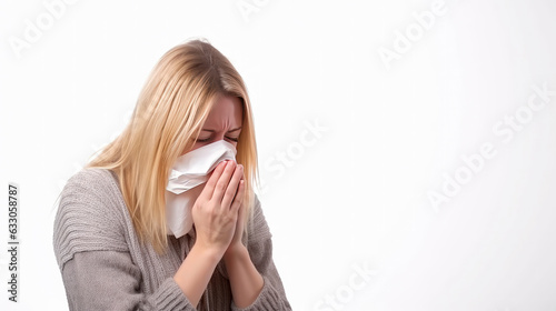 Beautiful blonde white woman sick blowing his nose and coughing. ill with a cold, Allergy, flu Isolated on white background, The concept of medicine, and seasonal colds.Generative AI