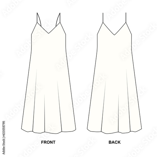 Vector drawing of a classic summer dress on the straps. Template of women's long dress front and back view. Outline sketch of a fashionable free-cut dress.
