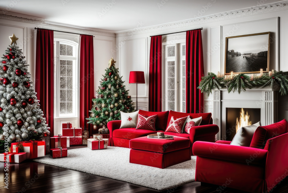 luxury living room with christmas tree, fireplace and white wall - Generative AI