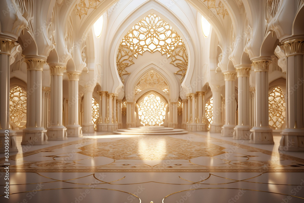 Ornate Arabic Mosque Interior with Golden Accents - Celebration of Ramadan Kareem in White and Gold