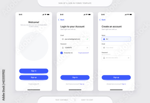 Sign Up and Sign In forms. Registration and login and password forms page for mobile app. Vector template.