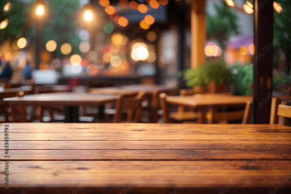 Empty wooden table with a hot cafe on it and bokeh lights blurred outdoor background. Image created using artificial intelligence. Empty wooden table with a hot cafe on it and bokeh lights blurred outdoor background. Image created using artificial intelligence.