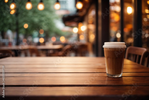 Empty wooden table with a hot cafe on it and bokeh lights blurred outdoor background. Image created using artificial intelligence.