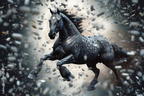 Over a gloomy background, bullets depict a bay horse