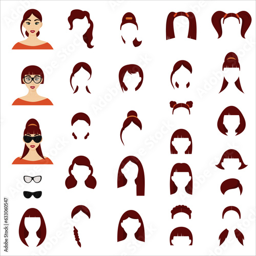 Woman hairstyles constructor avatar female character. Collection of hairstyles.Vector illustration isolated white backgroundin.