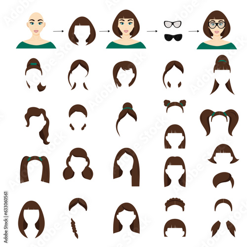 Woman hairstyles constructor avatar female character. Collection of hairstyles.Vector illustration isolated white backgroundin.