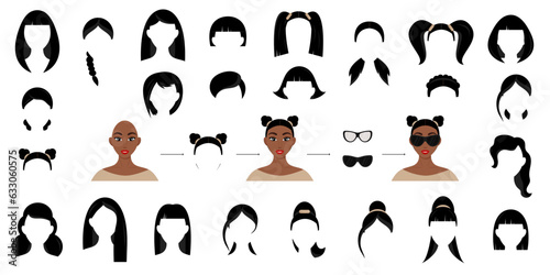 Woman face avatar construction vector set. Create female character with different hairstyles. Pretty black woman.