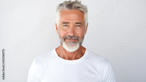 portrait of an 60 year old caucasian male with short black grayling hair and beard isolated against a white background