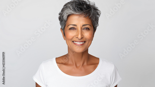 portrait of an 60 year old indian female with short grayling hair isolated against a white background