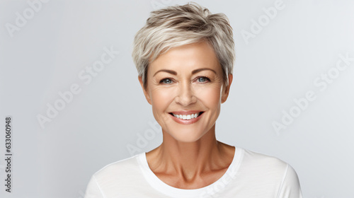 portrait of an 60 year old caucasian female with  short  grayling hair isolated against a white background