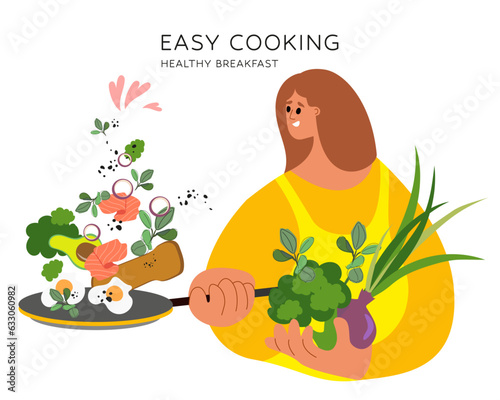 Woman Chef Cooking, Culinary Classes Concept. Easy cooking. Female Character wear Apron Preparing Food, Influencer. Cartoon People Vector Illustration