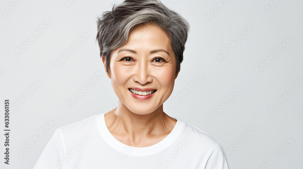 portrait of an 60 year old asian female with short black grayling hair isolated against a white background portrait of an 60 year old asian female with short black grayling hair isolated against a white background