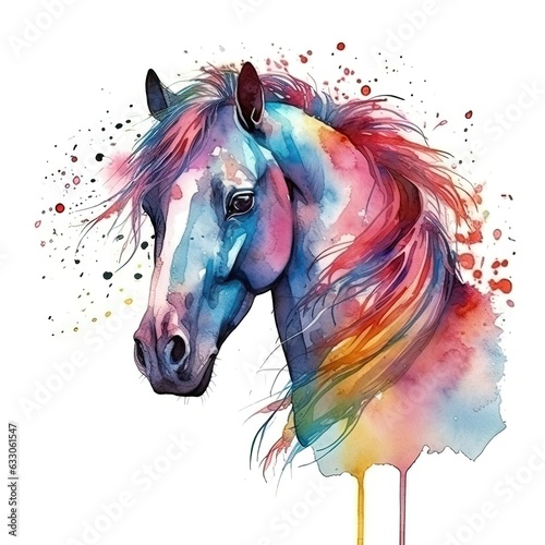 Watercolor portrait of a horse with colorful, bright, vibrant, and trippy colors
