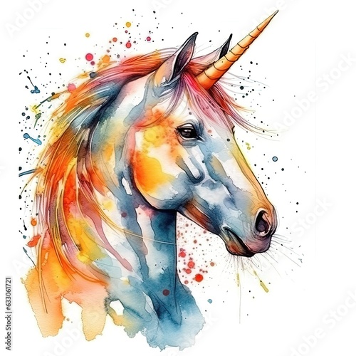 Watercolor portrait of a rainbow-colored unicorn with colorful, bright, vibrant, and trippy colors