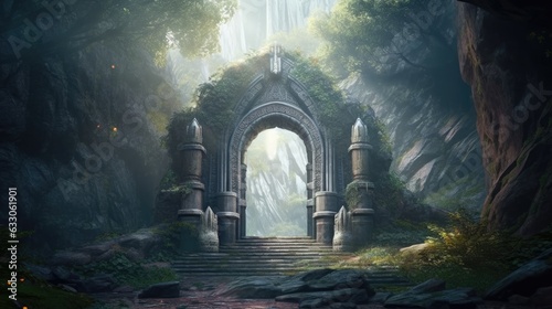 Stone arch doorway with mystical markings leading into a mountain cave. an alien dimension doorway in an old temple. fantasy environment