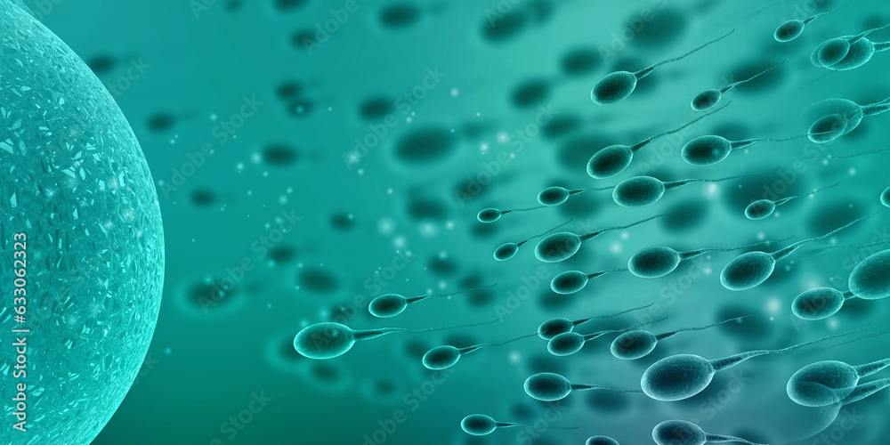 3d illustration showing sperms and egg - obrazy, fototapety, plakaty 